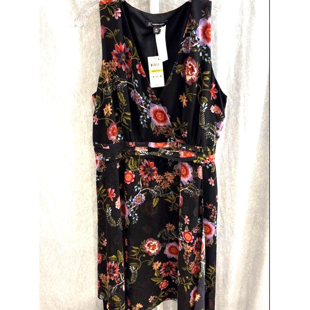 INC International Concepts Black Floral Surplice Faux Wrap Midi Dress NWT 14P